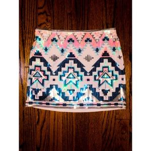 Express tan sequin Aztec skirt size CS gold peach